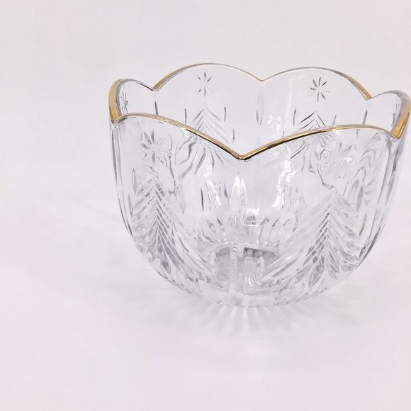 Mikasa Christmas Tree & Star Holiday Crystal Bowl Scalloped Gilt Edges Hexagon - Picture 10 of 10